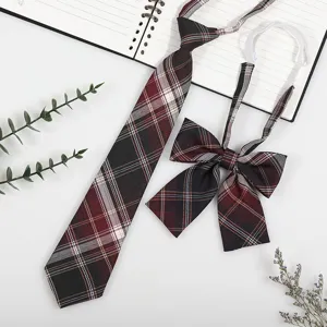Japanese pre-tied plaid tie and bow tie set for school uniform shirts, red black.