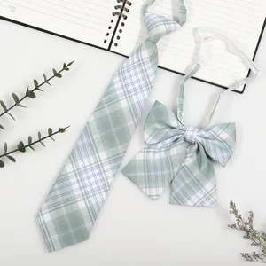 Green plaid JK necktie and bow tie set, Japanese school uniform accessory for daily wear.