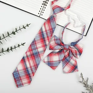Red blue plaid JK DK uniform tie bow set, pre-tied necktie detail for daily school wear.