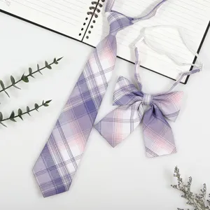 Purple plaid JK necktie and bow tie set, Japanese school style accessory for daily wear.