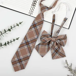 Brown plaid tie and bow set, JK style pre-tied necktie, Japanese school uniform accessories.