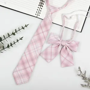 Pink plaid JK uniform tie and bow set for women and girls, Japanese school style accessories.