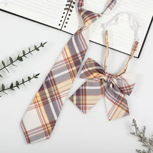 Japanese style college plaid tie and bow tie set, pre-tied accessory for shirt daily wear.