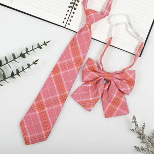 Pink plaid JK uniform tie and bow set, Japanese school style pre-tied necktie accessory.