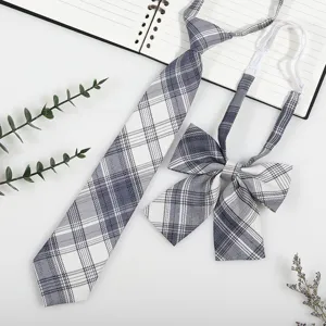 JK style grey plaid necktie and bow tie set, pre-tied student uniform accessories for shirts.