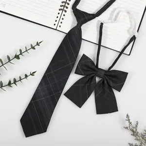 Japanese JK/DK uniform dark grey plaid tie and bow tie set, pre-tied school accessory detail.