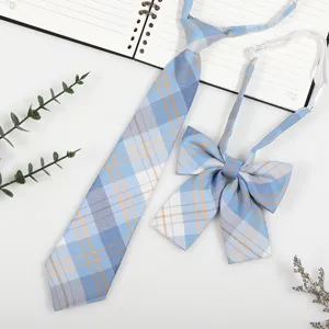 Japanese JK DK style blue plaid tie and bow tie set detail view, perfect for uniform shirt.