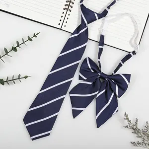 Japanese style JK DK school uniform navy blue tie and bow set with white diagonal stripes.