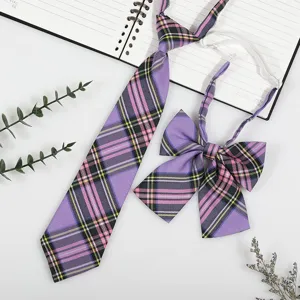 Detailed view of Japanese JK/DK school style purple plaid tie and bow set, cute accessories.