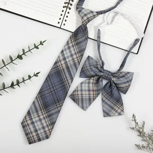 Japanese school style plaid necktie and bow tie set, blue grey pre tied uniform accessories.