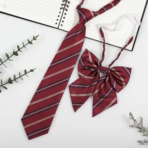 Japanese JK style pre-tied tie and bow tie set in burgundy with classic diagonal stripes.