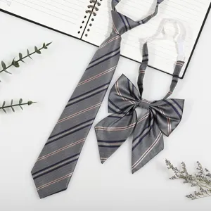 Grey striped school uniform tie and bow set, Japanese style JK DK necktie accessory detail.
