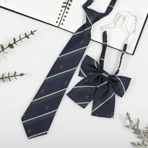 JK style striped navy blue necktie and bow tie set with anchor embroidery for daily wear school uniform.