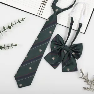 Japanese JK DK school style dark green striped tie and bow set accessory clothing detail view