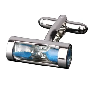 Boutons de Manchette Homme Métal Argenté Sablier Sable Bleu pour Chemise Costume