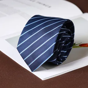 Close-up detail of a classic navy blue striped tie displayed on a stylish open book.
