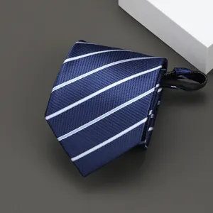 Close-up detail of the navy blue striped zipper tie, showing neat fabric texture and zipper.