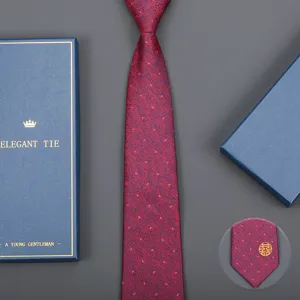 Burgundy business men suit tie set with elegant gift box, perfect for wedding formal wear.