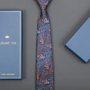 Elegant blue paisley necktie with gift box, perfect for business suits and formal events.