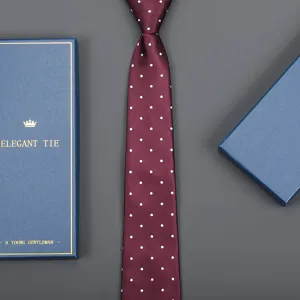 Burgundy polka dot tie with gift box, elegant formal business necktie for men wedding wear.