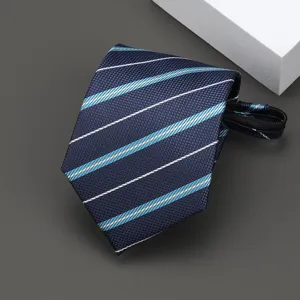 Detailed shot of a stylish pre-tied zipper striped necktie in navy blue for formal wear.