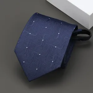 Dark blue pre-tied zipper tie featuring a woven geometric pattern with neat white dot accents.