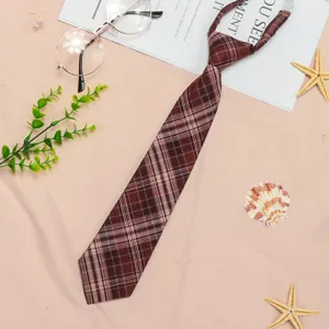 Brown plaid JK uniform tie for women, pre-tied lazy student necktie for daily wear.
