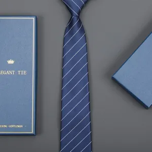Detailed shot of a classic navy blue striped tie with gift box, perfect for business formal wear.