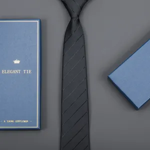 Men formal business black striped tie with elegant blue gift box packaging for groom wedding.