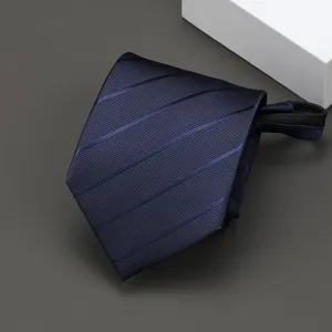 Dark blue striped zipper tie detail, professional slim necktie for business and wedding suits.