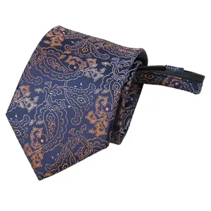 Blue paisley zipper necktie for men, pre-tied formal business wedding suit tie accessory.