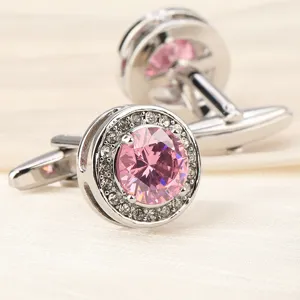 Boutons de manchette halo cristal rose, boutons de manchette français argentés pour chemises.