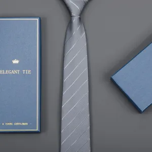 Men's business striped tie with elegant gift box, formal wear suit accessory for weddings.