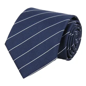 Classic navy blue striped tie rolled up neatly, elegant men's formal business accessory.