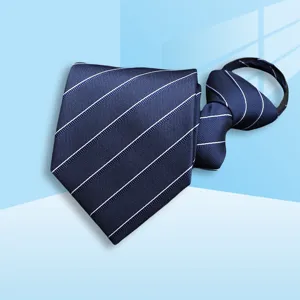 Blue striped zipper necktie for men, pre-tied formal business suit tie accessory.