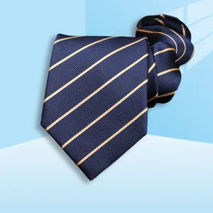 Classic blue necktie with gold diagonal stripes, perfect for business formal wear.