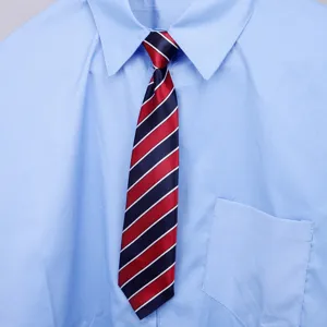 Cravatta a righe stile college coreano abbinata a camicia azzurra vista dettagliata.