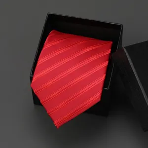 Red striped zipper necktie for men and women, classic business and wedding formal wear detail.