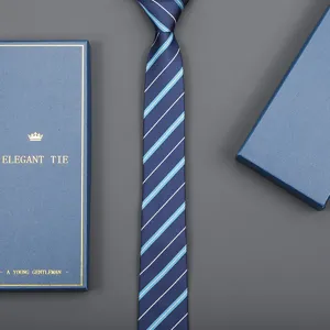 Men's blue striped tie gift set, business formal necktie with elegant presentation box.