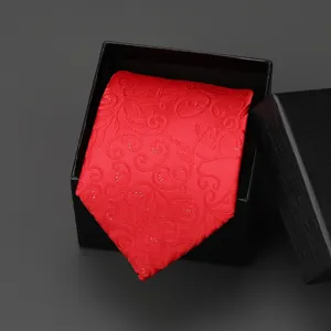 Red jacquard business necktie with black gift box packaging for formal wedding wear.