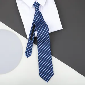 Blue striped zipper tie for men business formal wear paired with a white shirt collar.