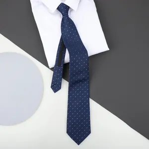 Business zip necktie for men, dark blue with white dotted pattern, formal wear accessory.