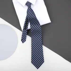 Navy blue striped zip-up necktie for men, stylish business suit accessory, easy wear.