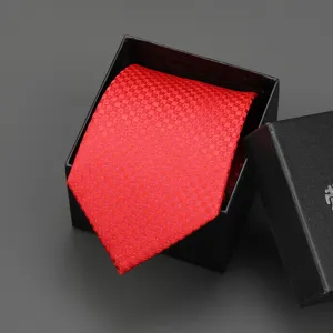 Red patterned zipper necktie in black gift box, perfect for business suits and weddings.