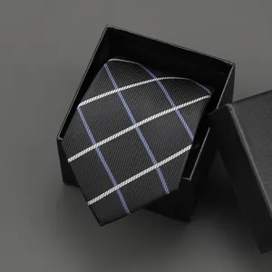 Classic black plaid tie with white and blue lines in a gift box, perfect for business and wedding.
