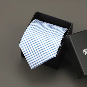 Blue and white checkered zipper tie in a black gift box, perfect for business formal wear and weddings.