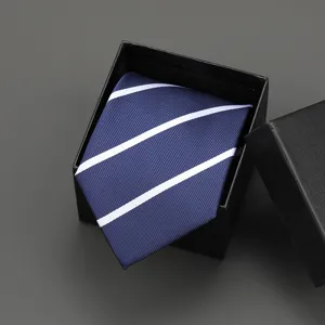 Classic navy blue striped zipper necktie neatly placed in a gift box for business suit formal wear