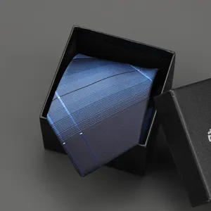 Mens business zipper tie blue striped plaid necktie in gift box ready to wear formal suit