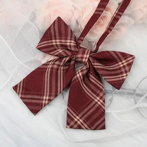 Red plaid JK bow tie collar ribbon, Japanese style school uniform shirt accessory detail.