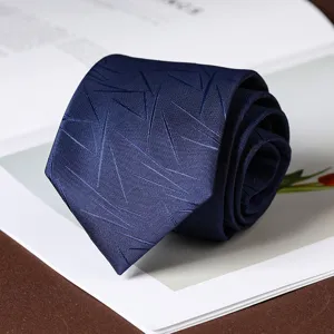 Men's navy blue formal business tie with geometric line pattern, elegant wedding necktie